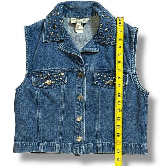 VTG Y2K Metal Studded Bedazzled Rhinestone Crop Blue Denim Jean Vest Size Small - Picture 8 of 11